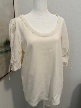 By Ann Taylor Cream pull-over blouse with semi-sheer sleeve & tie detailing, XL